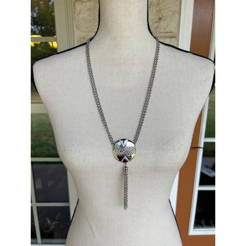 Lydell NYC Silver Tone Multi Strand Geometric Medallion Tassel Long Necklace NWT